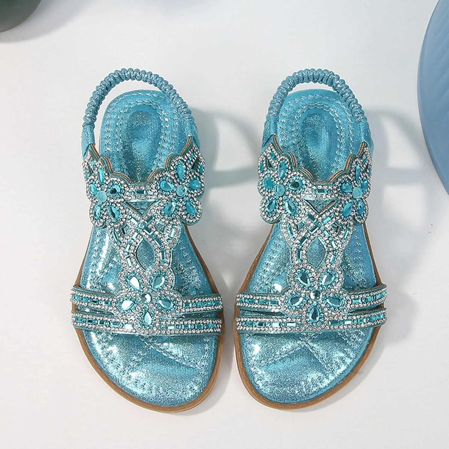 Bohemian Crystal Flats Girls Low Wedge Rhinestone Sandals Open Toe Ankle Elastic T-Strap Flip Flops for Wedding