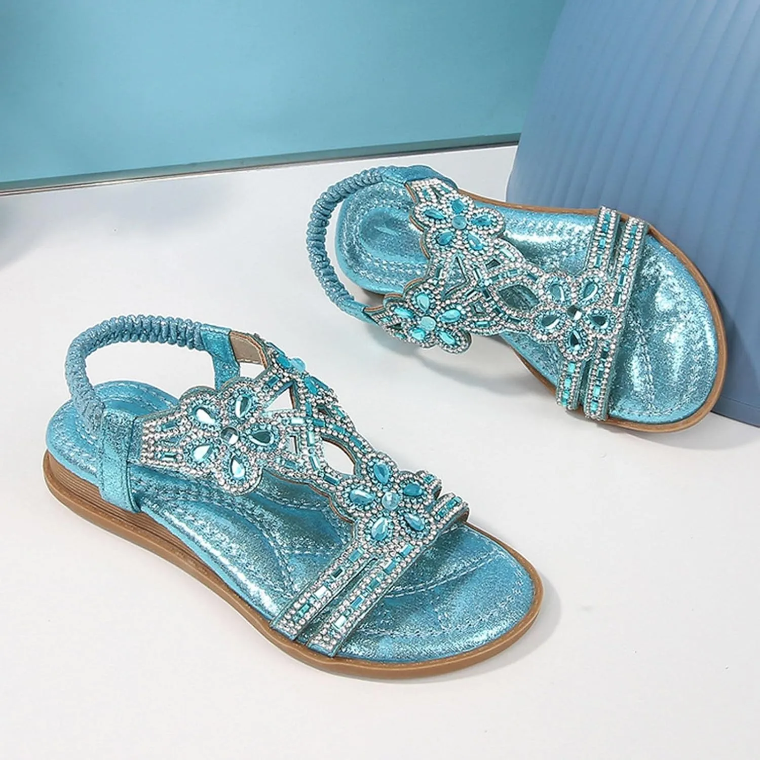 Bohemian Crystal Flats Girls Low Wedge Rhinestone Sandals Open Toe Ankle Elastic T-Strap Flip Flops for Wedding