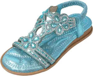 Bohemian Crystal Flats Girls Low Wedge Rhinestone Sandals Open Toe Ankle Elastic T-Strap Flip Flops for Wedding