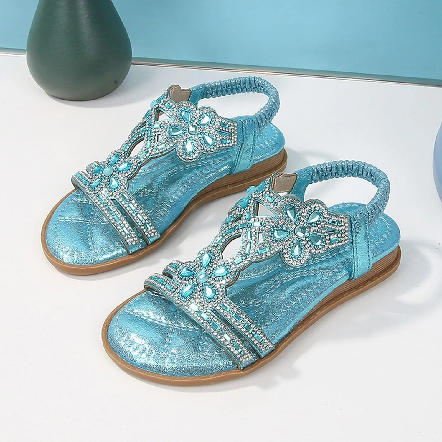 Bohemian Crystal Flats Girls Low Wedge Rhinestone Sandals Open Toe Ankle Elastic T-Strap Flip Flops for Wedding