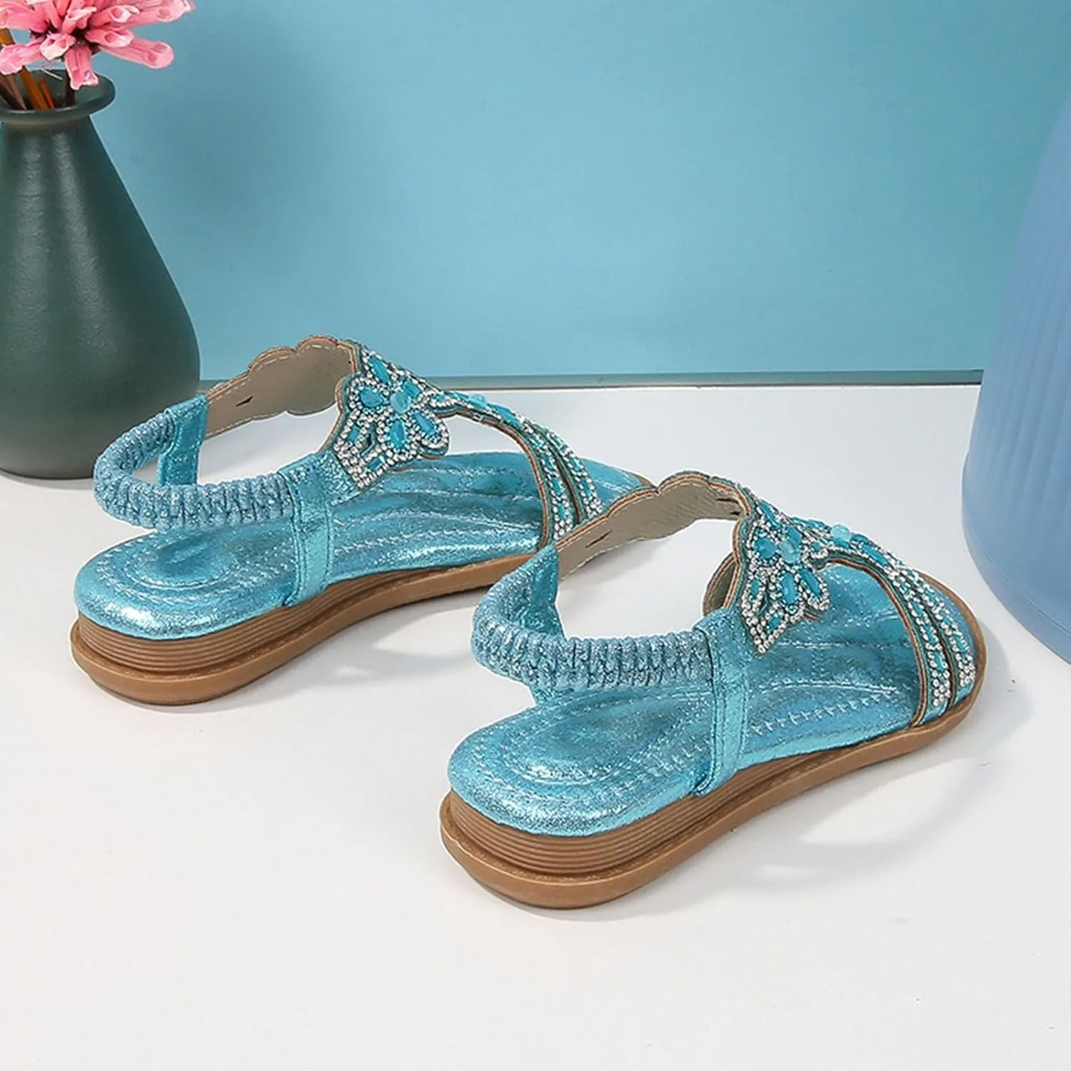 Bohemian Crystal Flats Girls Low Wedge Rhinestone Sandals Open Toe Ankle Elastic T-Strap Flip Flops for Wedding