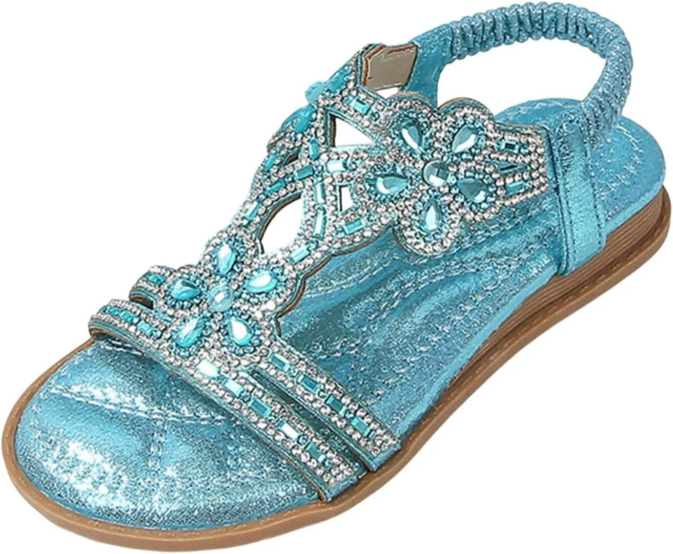 Bohemian Crystal Flats Girls Low Wedge Rhinestone Sandals Open Toe Ankle Elastic T-Strap Flip Flops for Wedding