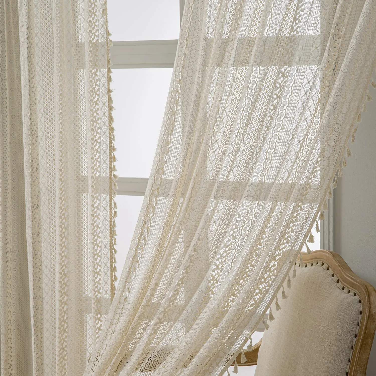 Boho Curtains 2 Panels,Lace Curtains 63 Inch Length Rod Pocket Semi Sheer Privacy Cute Tassel Crochet Cotton Drapes Vintage Rustic Farmhouse Curtain Panels for Bedroom Living Room Dining,Beige
