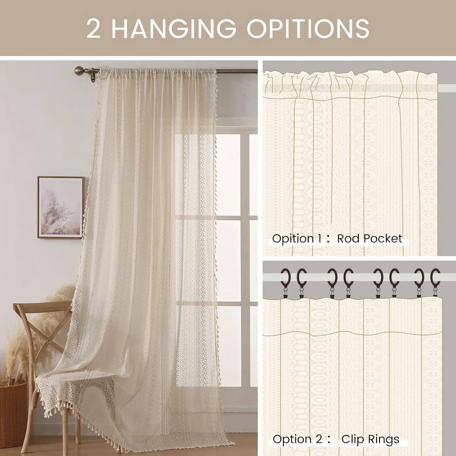 Boho Curtains 2 Panels,Lace Curtains 63 Inch Length Rod Pocket Semi Sheer Privacy Cute Tassel Crochet Cotton Drapes Vintage Rustic Farmhouse Curtain Panels for Bedroom Living Room Dining,Beige
