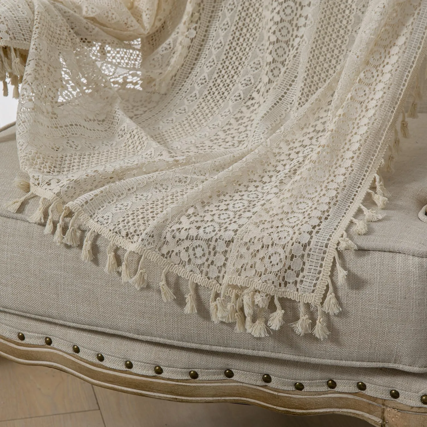 Boho Curtains 2 Panels,Lace Curtains 63 Inch Length Rod Pocket Semi Sheer Privacy Cute Tassel Crochet Cotton Drapes Vintage Rustic Farmhouse Curtain Panels for Bedroom Living Room Dining,Beige