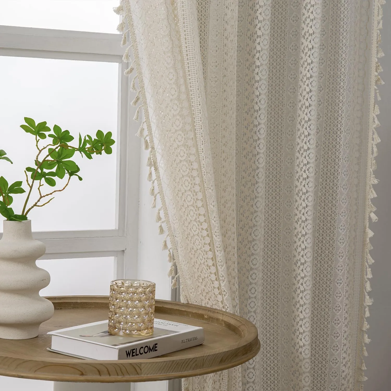 Boho Curtains 2 Panels,Lace Curtains 63 Inch Length Rod Pocket Semi Sheer Privacy Cute Tassel Crochet Cotton Drapes Vintage Rustic Farmhouse Curtain Panels for Bedroom Living Room Dining,Beige
