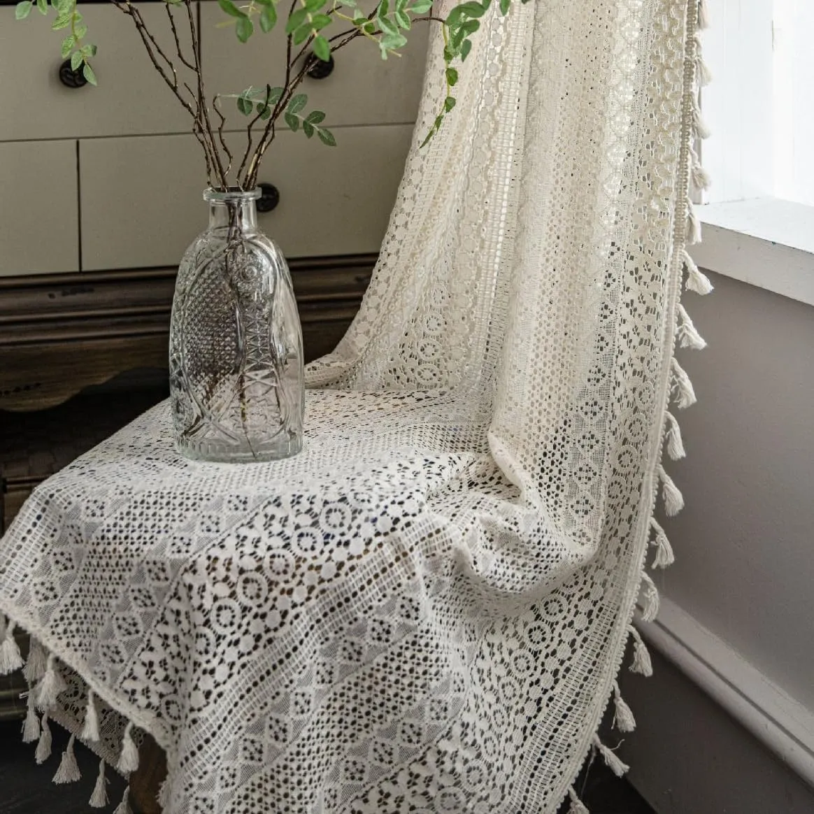 Boho Curtains 2 Panels,Lace Curtains 63 Inch Length Rod Pocket Semi Sheer Privacy Cute Tassel Crochet Cotton Drapes Vintage Rustic Farmhouse Curtain Panels for Bedroom Living Room Dining,Beige