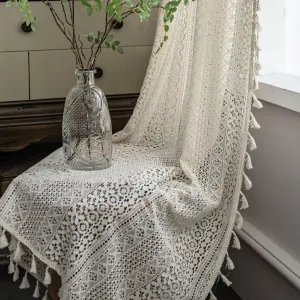 Boho Curtains 2 Panels,Lace Curtains 63 Inch Length Rod Pocket Semi Sheer Privacy Cute Tassel Crochet Cotton Drapes Vintage Rustic Farmhouse Curtain Panels for Bedroom Living Room Dining,Beige