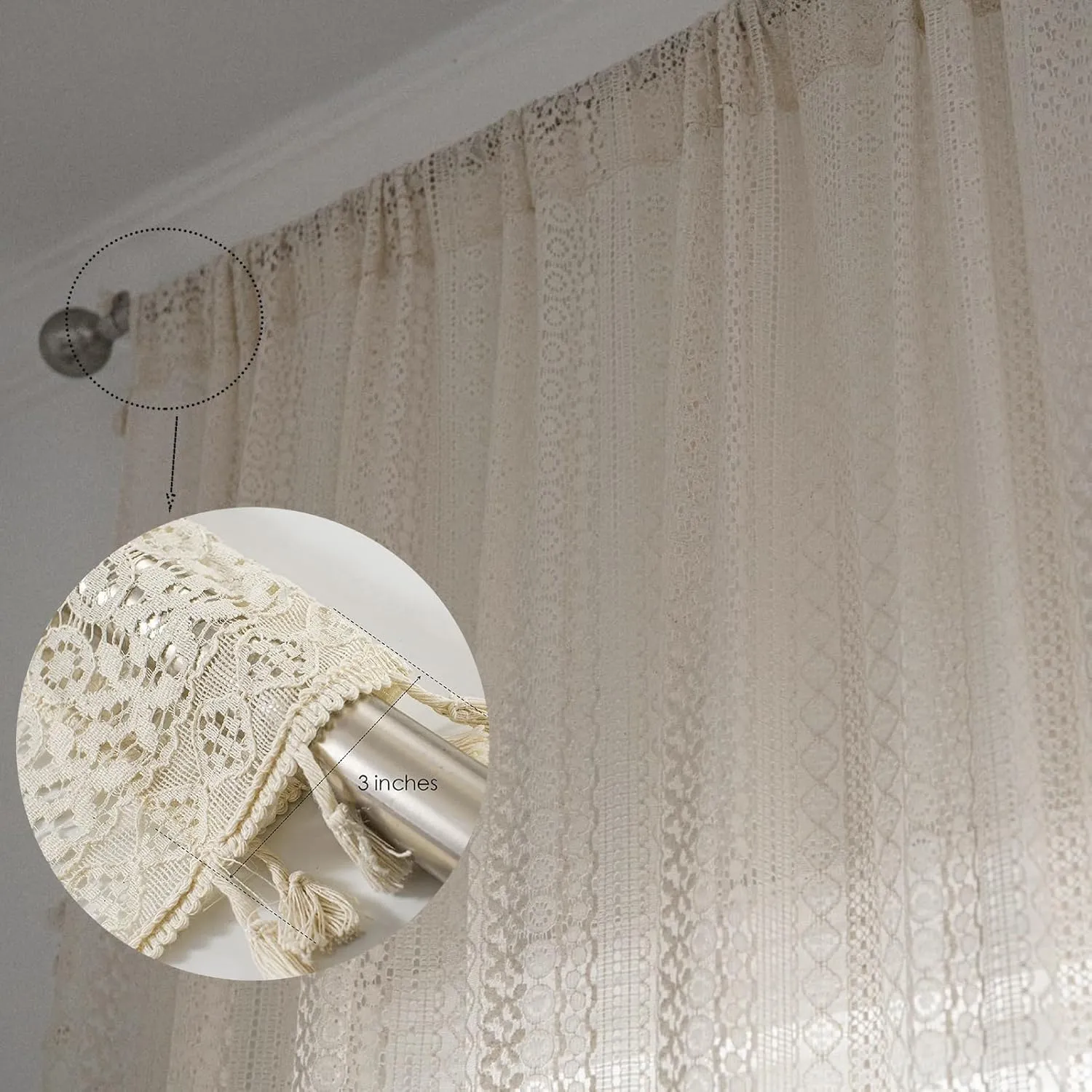 Boho Curtains 2 Panels,Lace Curtains 63 Inch Length Rod Pocket Semi Sheer Privacy Cute Tassel Crochet Cotton Drapes Vintage Rustic Farmhouse Curtain Panels for Bedroom Living Room Dining,Beige