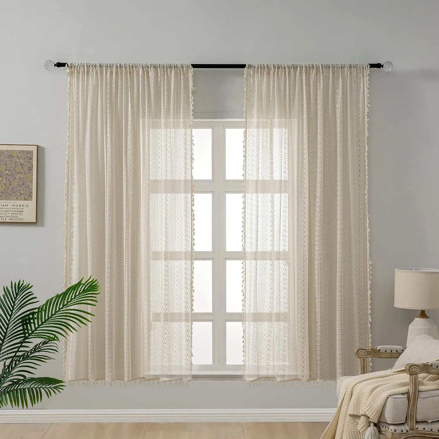 Boho Curtains 2 Panels,Lace Curtains 63 Inch Length Rod Pocket Semi Sheer Privacy Cute Tassel Crochet Cotton Drapes Vintage Rustic Farmhouse Curtain Panels for Bedroom Living Room Dining,Beige