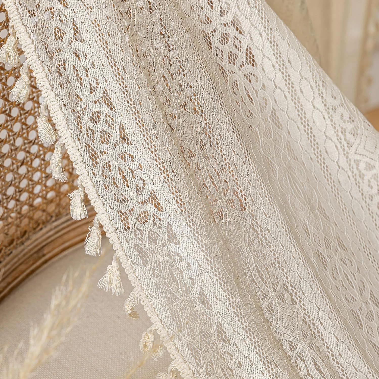 Boho Lace Curtains with Tassel,Vintage Geometric Neutral Curtains 63 inch Length 2 Panel Rod Pocket Crochet Privcy Curtain let Light in Beige Sheer Boho Sheers for Bedroom Living Room,Cream