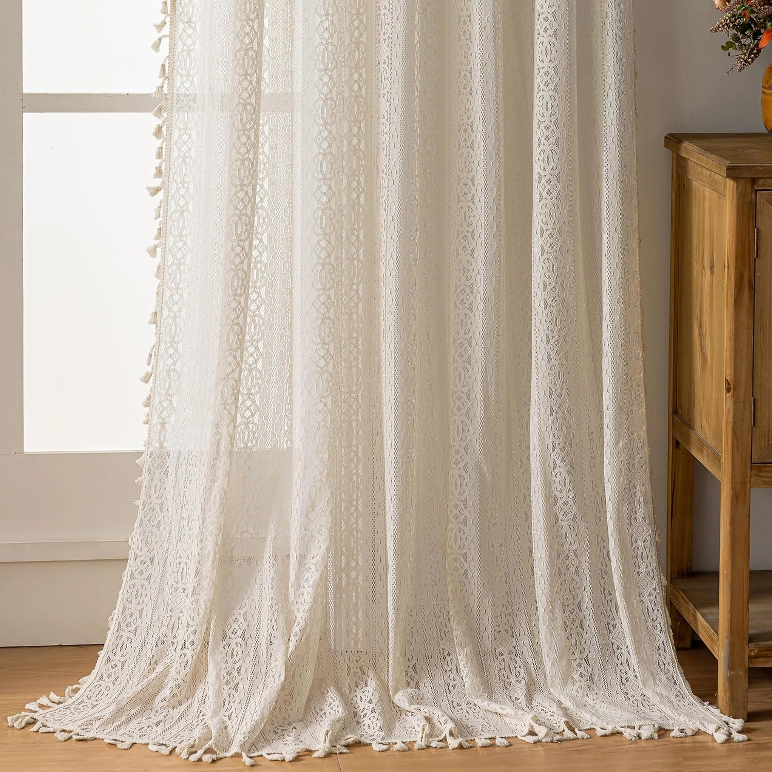 Boho Lace Curtains with Tassel,Vintage Geometric Neutral Curtains 63 inch Length 2 Panel Rod Pocket Crochet Privcy Curtain let Light in Beige Sheer Boho Sheers for Bedroom Living Room,Cream