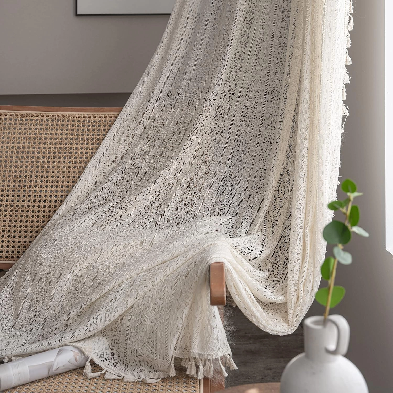 Boho Lace Curtains with Tassel,Vintage Geometric Neutral Curtains 63 inch Length 2 Panel Rod Pocket Crochet Privcy Curtain let Light in Beige Sheer Boho Sheers for Bedroom Living Room,Cream