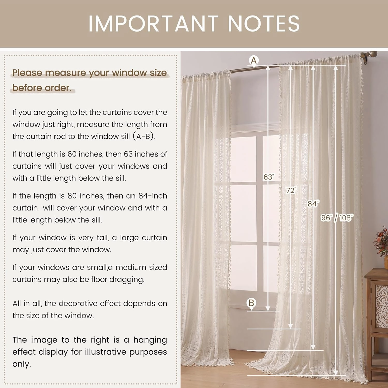 Boho Lace Curtains with Tassel,Vintage Geometric Neutral Curtains 63 inch Length 2 Panel Rod Pocket Crochet Privcy Curtain let Light in Beige Sheer Boho Sheers for Bedroom Living Room,Cream