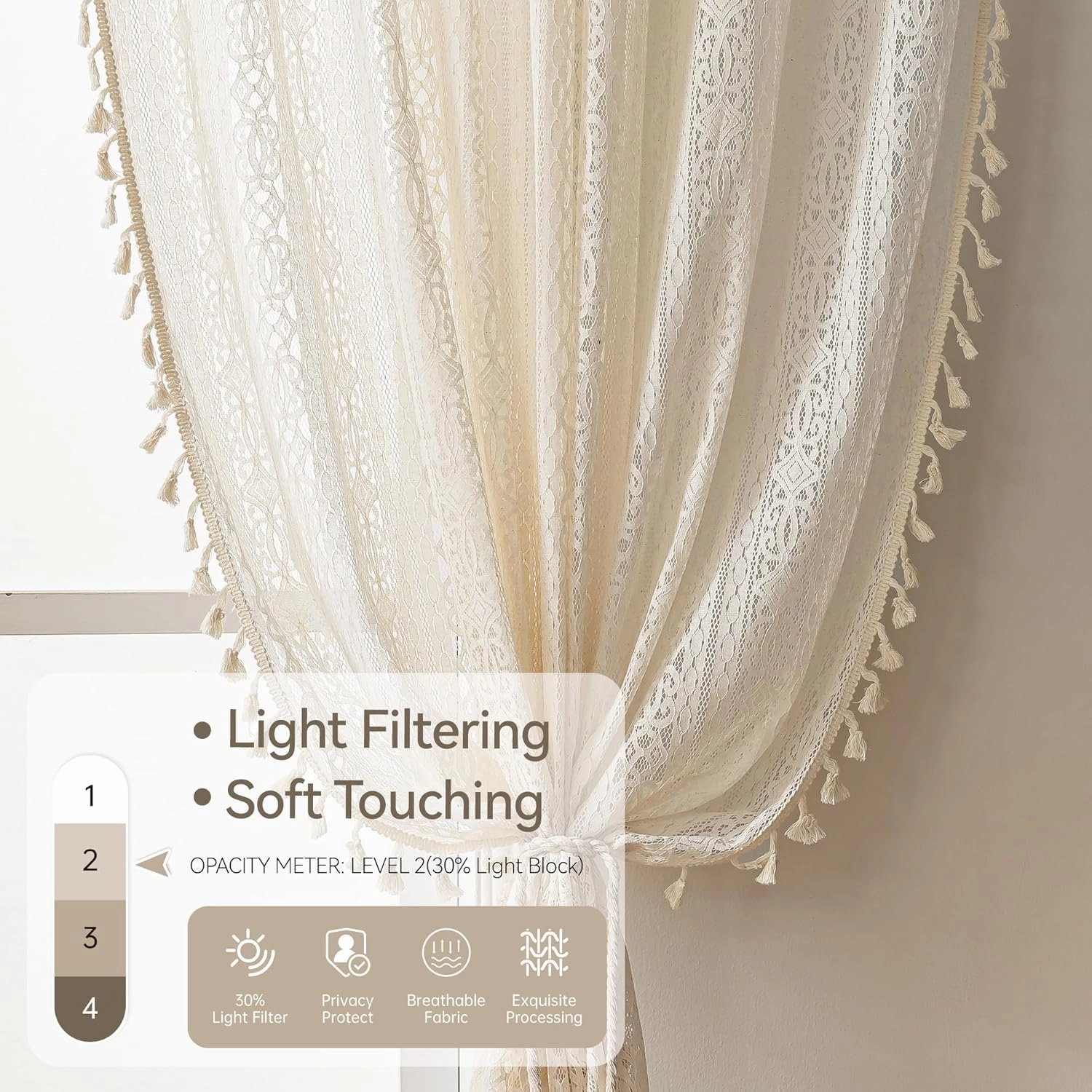 Boho Lace Curtains with Tassel,Vintage Geometric Neutral Curtains 63 inch Length 2 Panel Rod Pocket Crochet Privcy Curtain let Light in Beige Sheer Boho Sheers for Bedroom Living Room,Cream