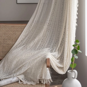 Boho Lace Curtains with Tassel,Vintage Geometric Neutral Curtains 63 inch Length 2 Panel Rod Pocket Crochet Privcy Curtain let Light in Beige Sheer Boho Sheers for Bedroom Living Room,Cream