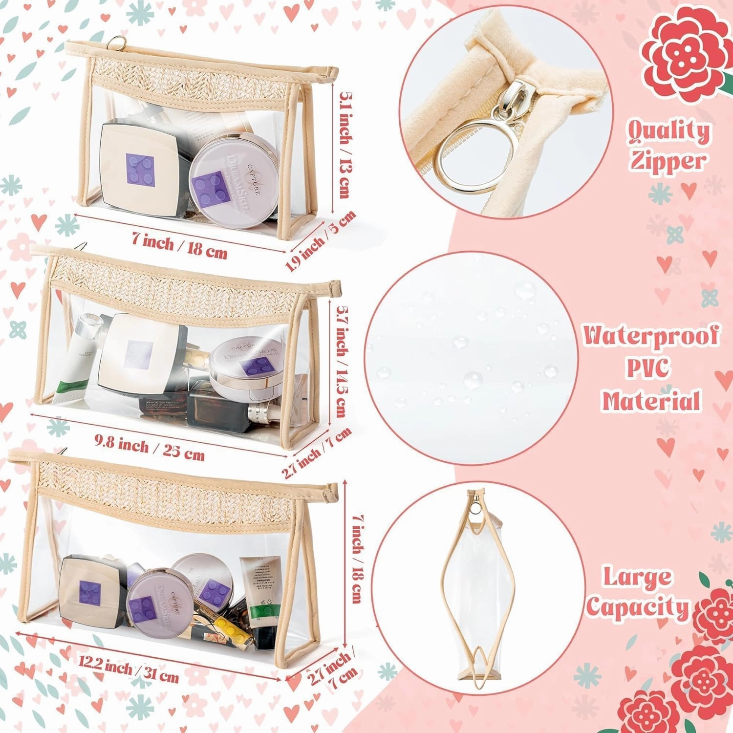 Boho Patch Cosmetic Bag - 3Pcs Summer Toiletry Bag Beige Clear Waterproof Travel Makeup Bag PVC Zipper Clutch Daily Use Purse Summer Beach Gifts for Women Girls (Clear Cosmetic Bag)