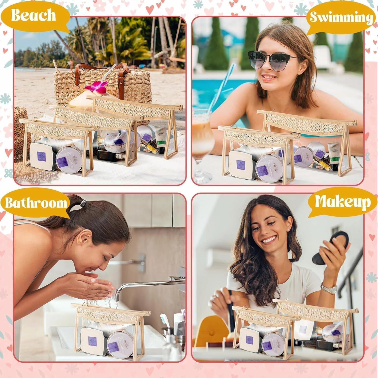 Boho Patch Cosmetic Bag - 3Pcs Summer Toiletry Bag Beige Clear Waterproof Travel Makeup Bag PVC Zipper Clutch Daily Use Purse Summer Beach Gifts for Women Girls (Clear Cosmetic Bag)