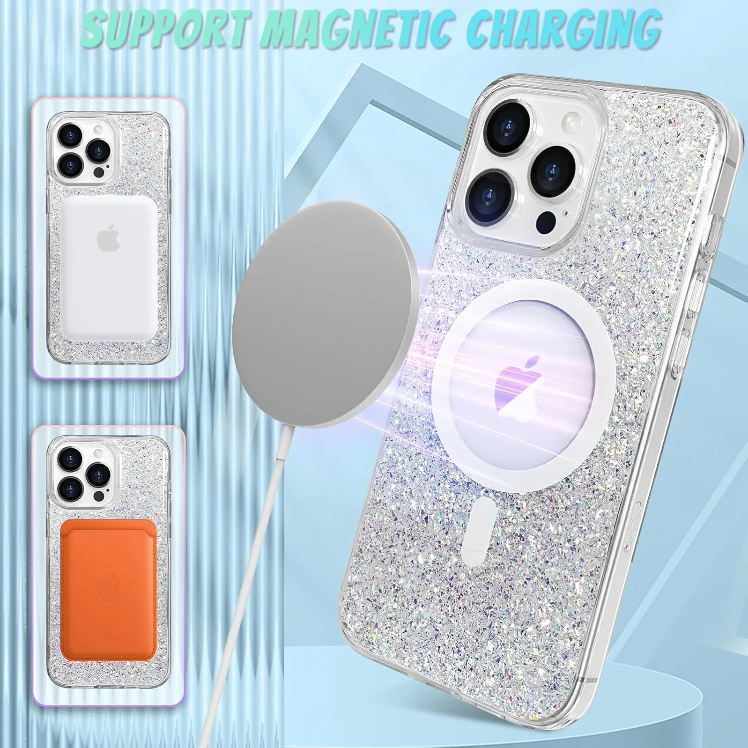 Bonoma for iPhone 16 Pro Max Case Sparkly Glitter Bling Back, Magnetic Support for MagSafe Shockproof, Crystal and Clear High-Duty Protection for Girls Women-Glitter Crystal