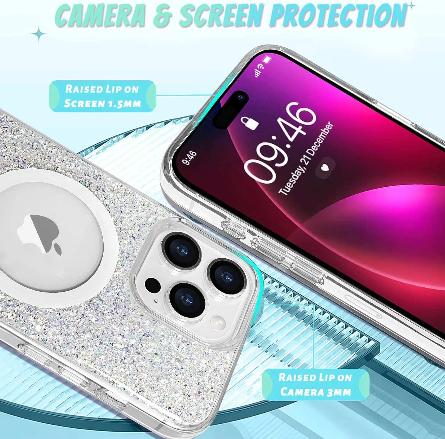 Bonoma for iPhone 16 Pro Max Case Sparkly Glitter Bling Back, Magnetic Support for MagSafe Shockproof, Crystal and Clear High-Duty Protection for Girls Women-Glitter Crystal