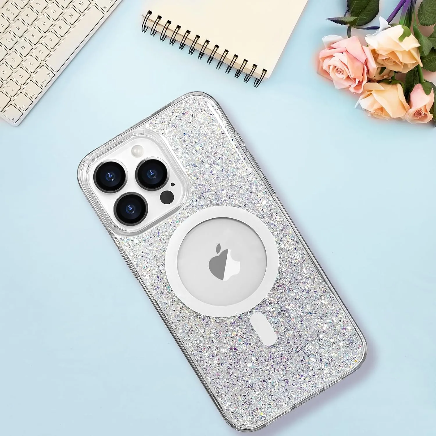 Bonoma for iPhone 16 Pro Max Case Sparkly Glitter Bling Back, Magnetic Support for MagSafe Shockproof, Crystal and Clear High-Duty Protection for Girls Women-Glitter Crystal