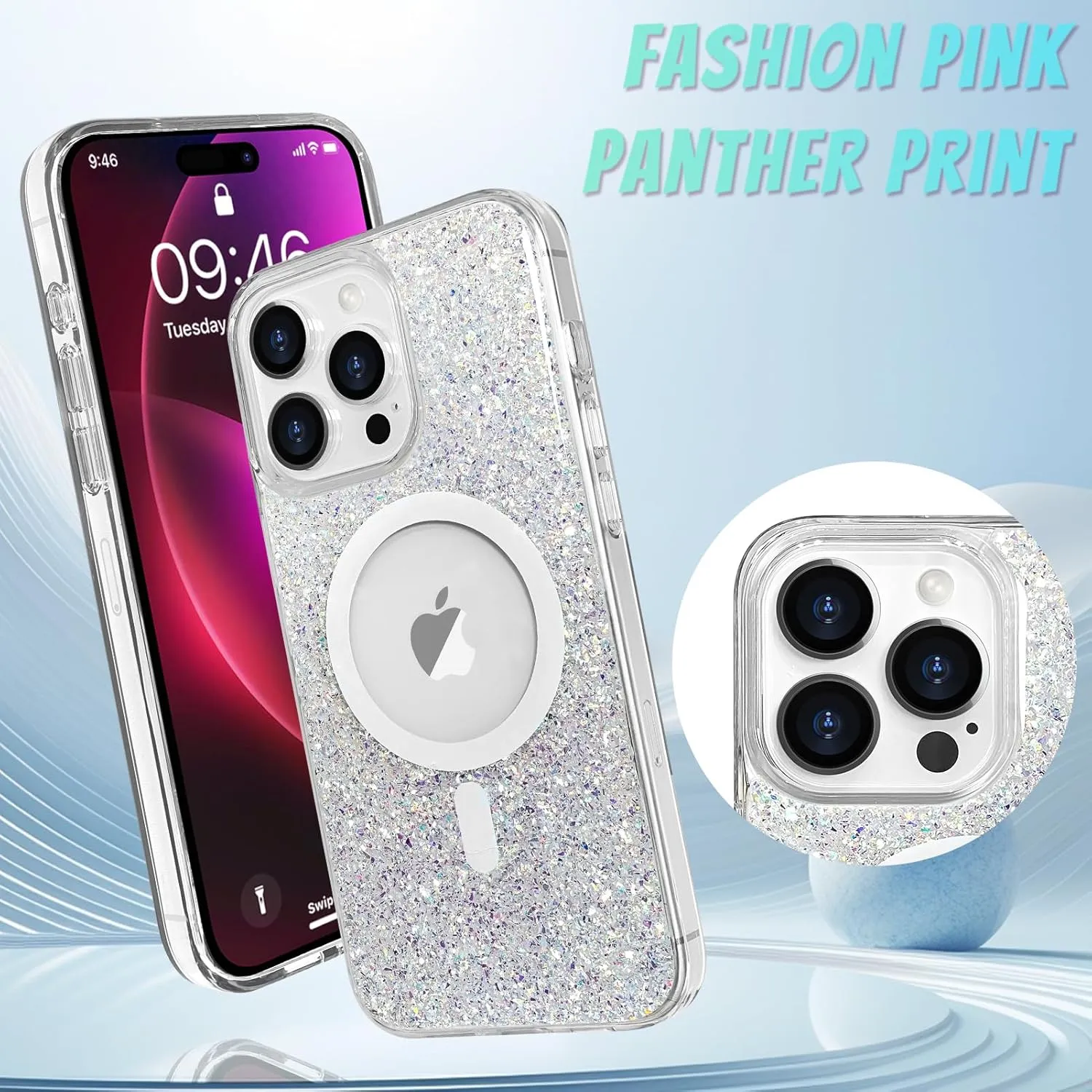 Bonoma for iPhone 16 Pro Max Case Sparkly Glitter Bling Back, Magnetic Support for MagSafe Shockproof, Crystal and Clear High-Duty Protection for Girls Women-Glitter Crystal