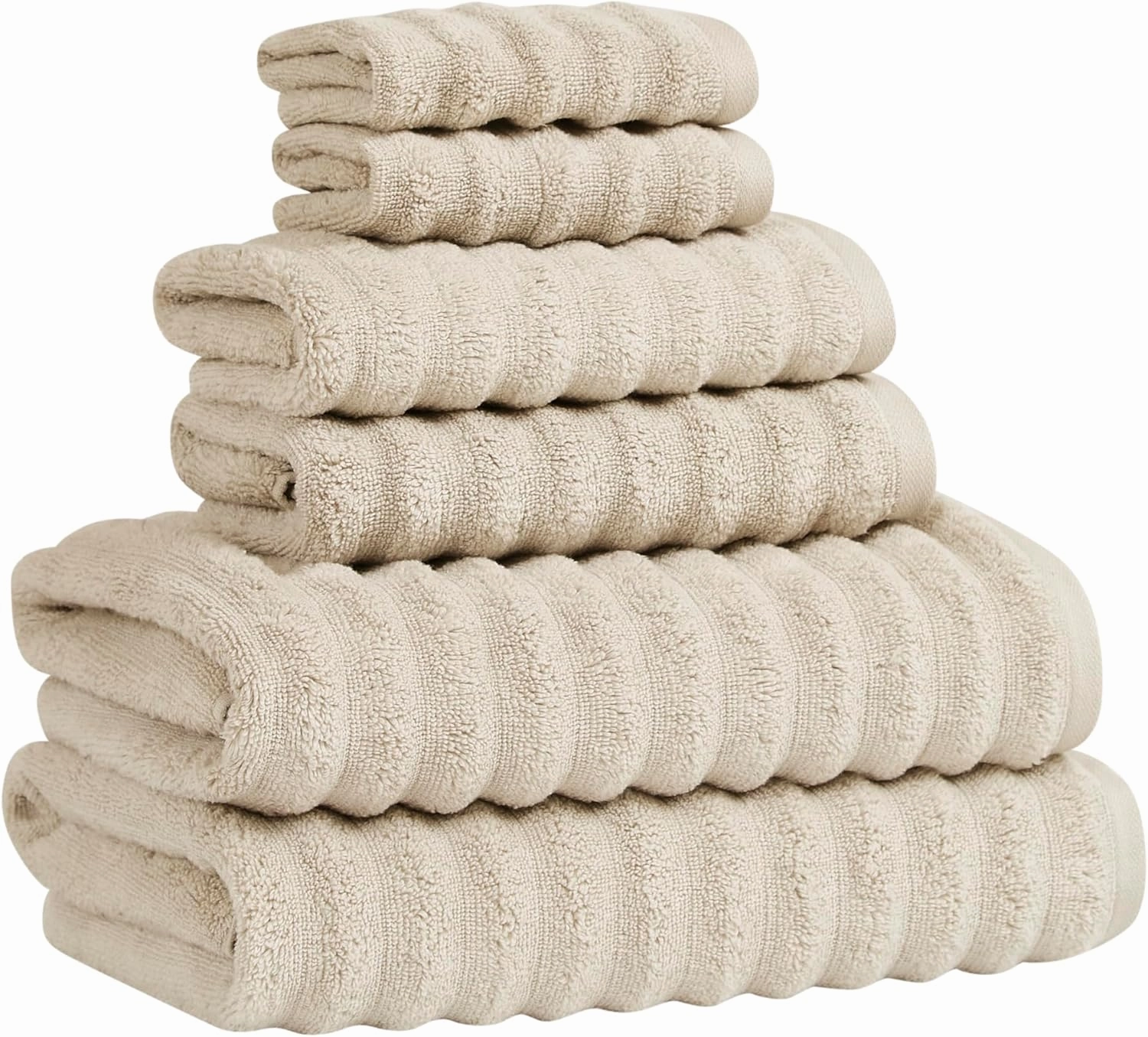 Borghese Ribbed Zero Twist Beige 6 Piece Towel Set, Solid Color, Oeko-TEX Certified
