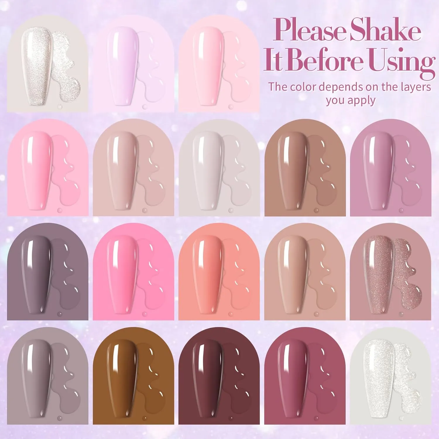 Born Pretty Gel Nail Polish Set Nude Pink Gray Purple Pale Mauve Colors with Glossy Matte Top Coat Base Gel Nail Art DIY Manicure Salon Home 21PCS