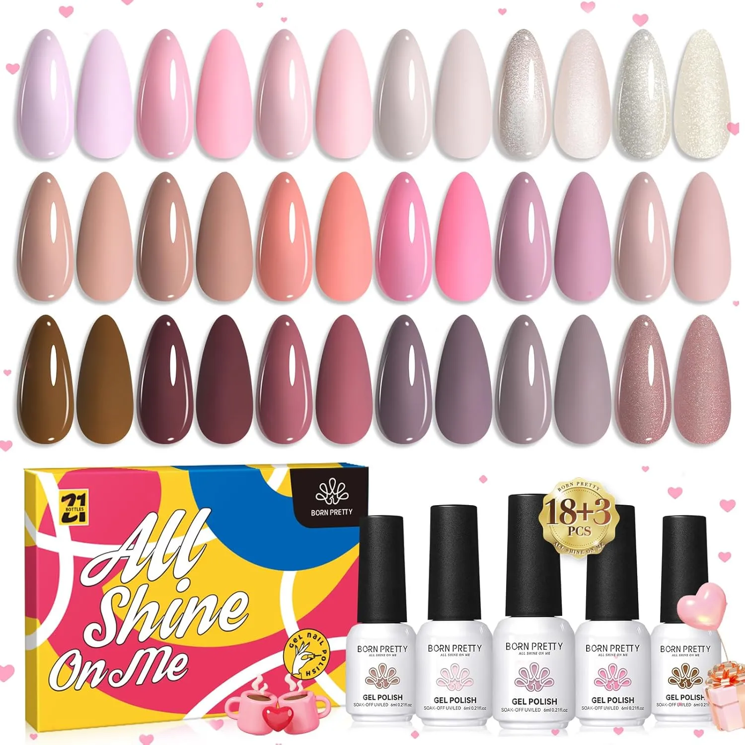 Born Pretty Gel Nail Polish Set Nude Pink Gray Purple Pale Mauve Colors with Glossy Matte Top Coat Base Gel Nail Art DIY Manicure Salon Home 21PCS