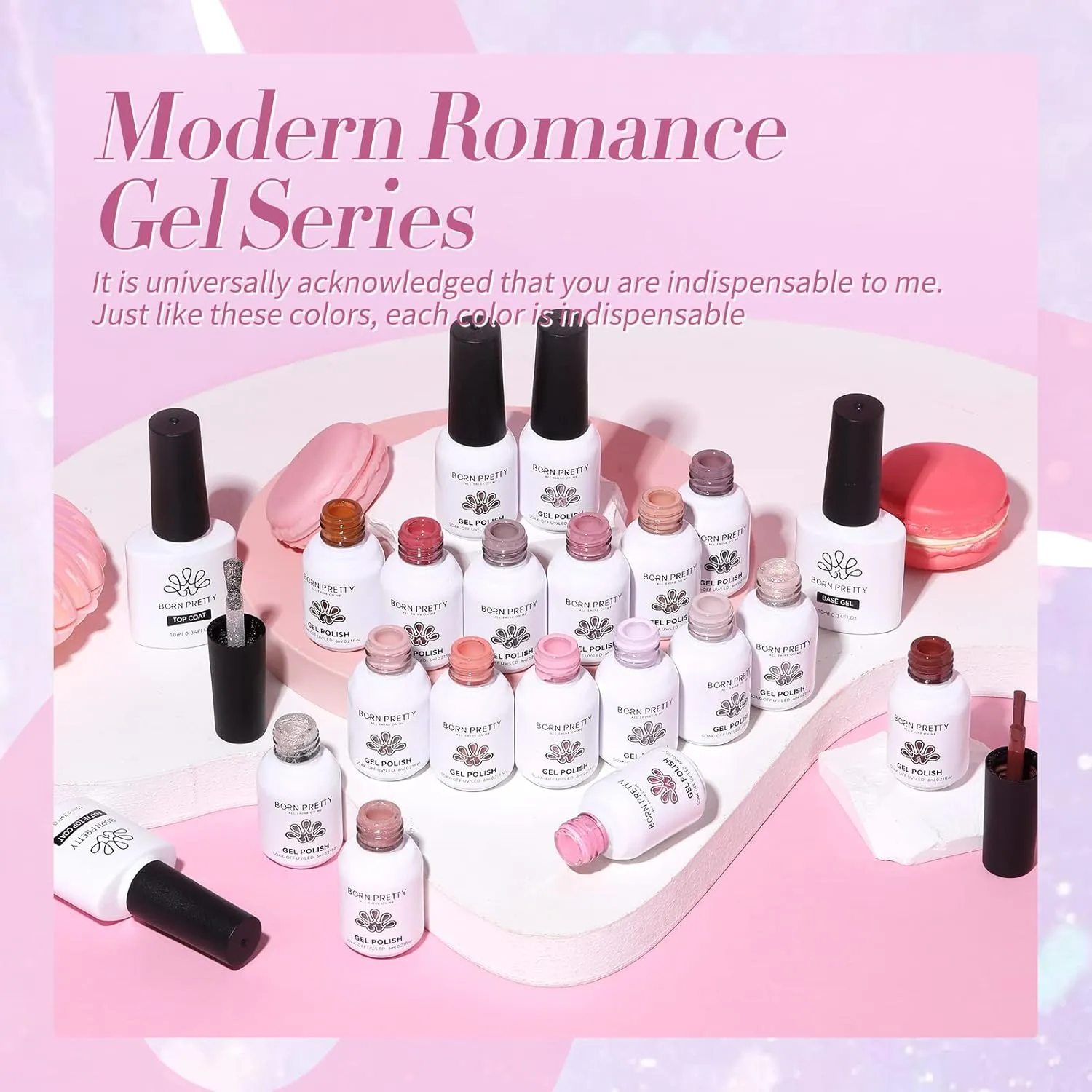 Born Pretty Gel Nail Polish Set Nude Pink Gray Purple Pale Mauve Colors with Glossy Matte Top Coat Base Gel Nail Art DIY Manicure Salon Home 21PCS