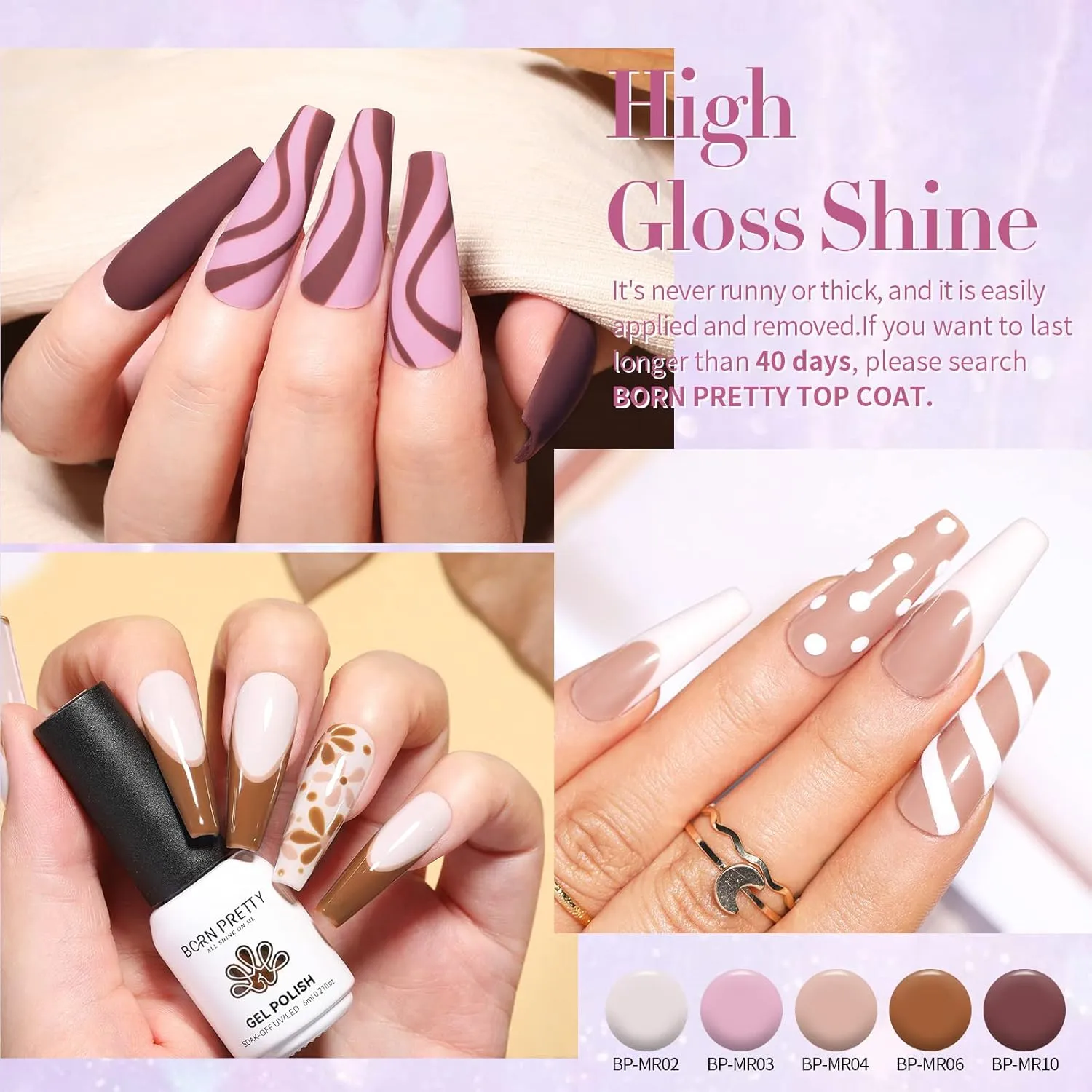 Born Pretty Gel Nail Polish Set Nude Pink Gray Purple Pale Mauve Colors with Glossy Matte Top Coat Base Gel Nail Art DIY Manicure Salon Home 21PCS
