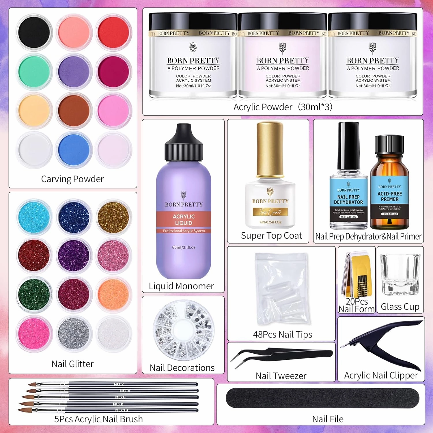 BORN PRETTY Acrylic Nail Kit with Everything ,96PCs Acrylic Powder and Liquid Monomer Set with 24Colors Glitters Acrylic Nail Brush Nail Tips Nail Primer Nail Art Supplies for Extension Gift
