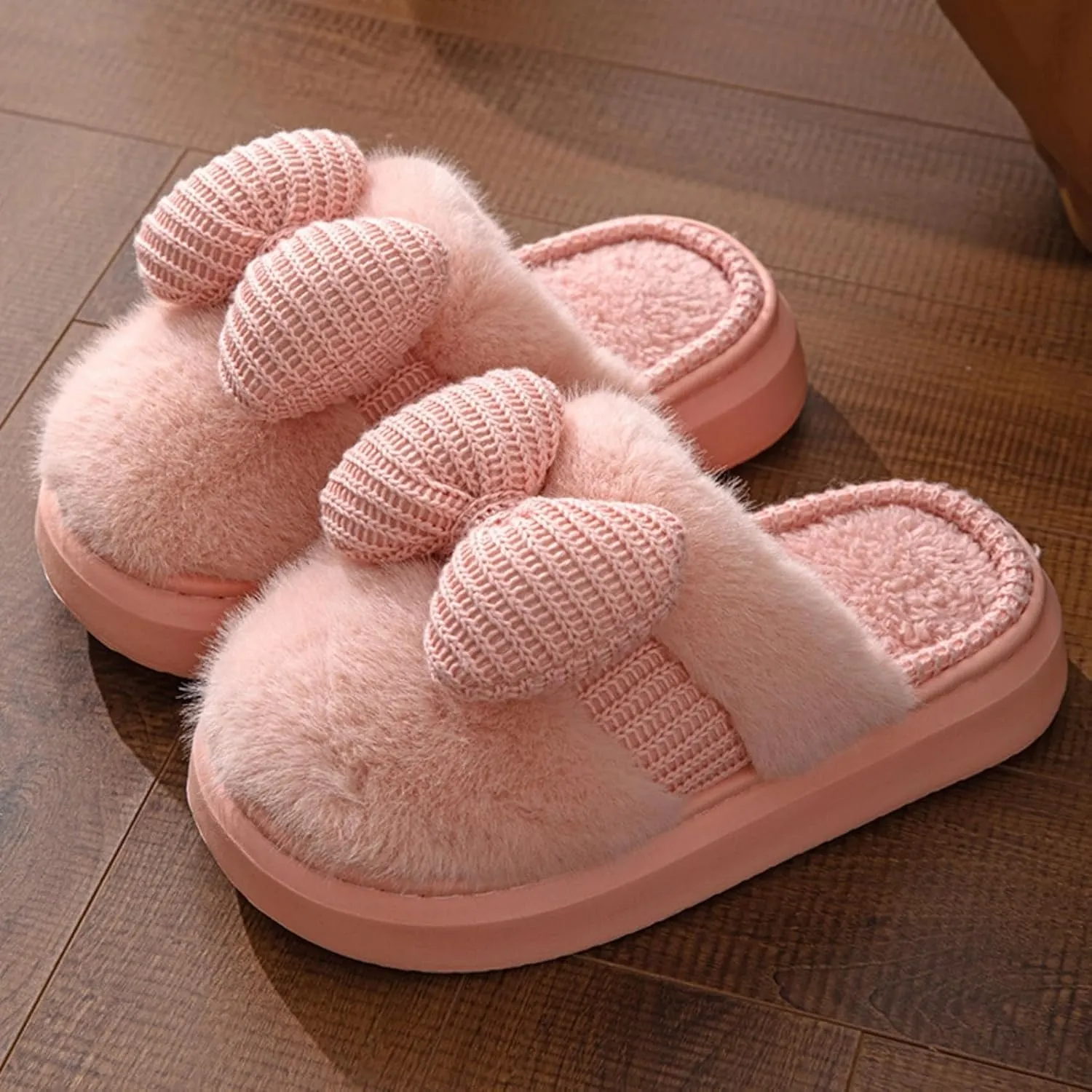 Bow Women's Slipper - Plush Bedroom Cozy Indoor Outdoor Home Shoes, Soft Knitted Bow, Non-Slip, Warm Fuzzy Comfort
