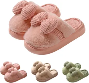 Bow Women's Slipper - Plush Bedroom Cozy Indoor Outdoor Home Shoes, Soft Knitted Bow, Non-Slip, Warm Fuzzy Comfort
