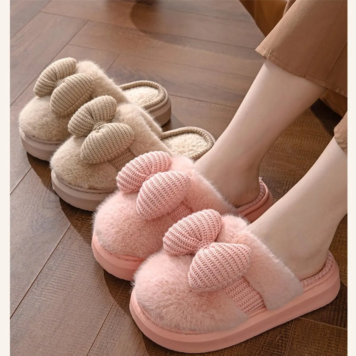 Bow Women's Slipper - Plush Bedroom Cozy Indoor Outdoor Home Shoes, Soft Knitted Bow, Non-Slip, Warm Fuzzy Comfort