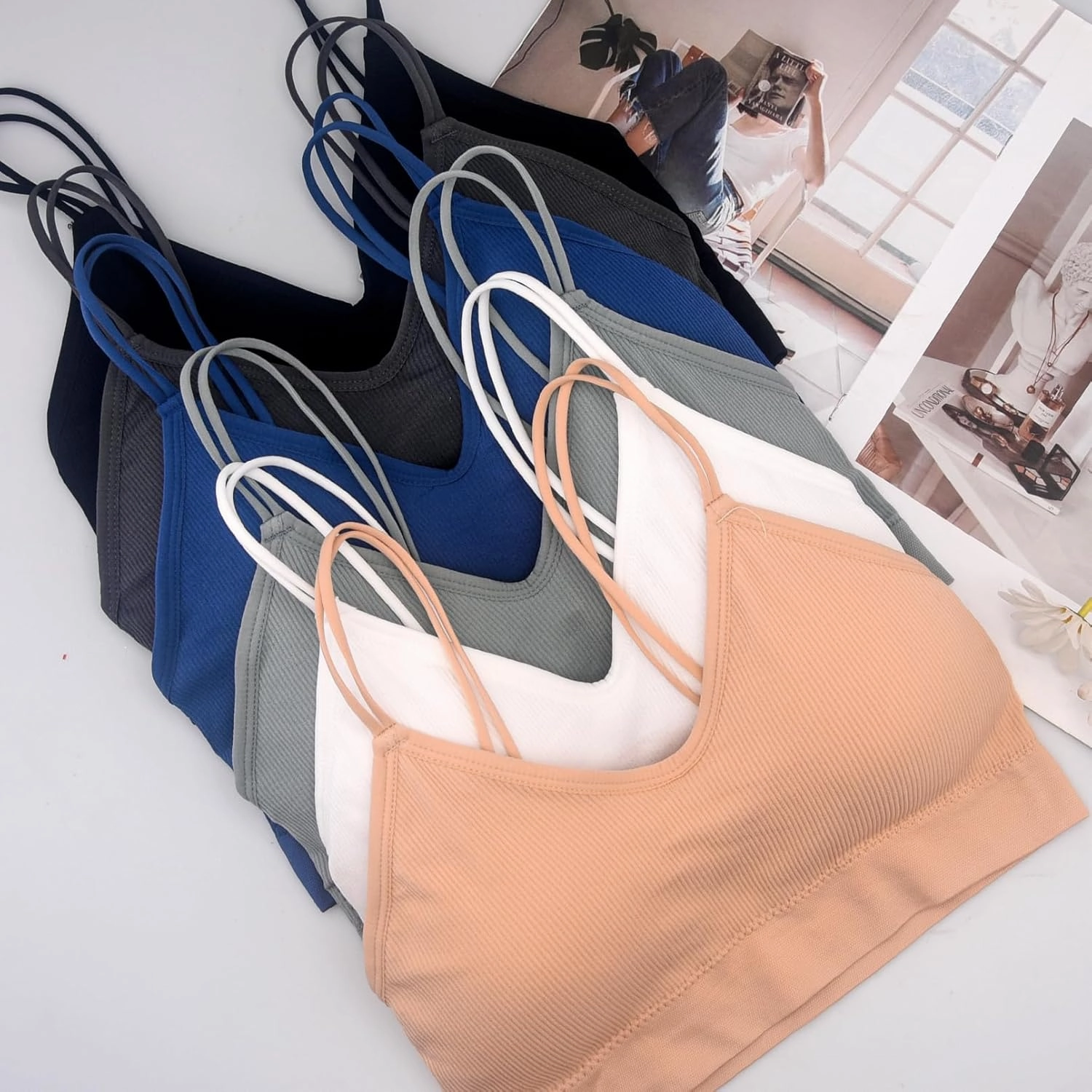BQTQ 6 Pcs V Neck Bralettes for Women Padded Bralette with Straps Seamless Bra