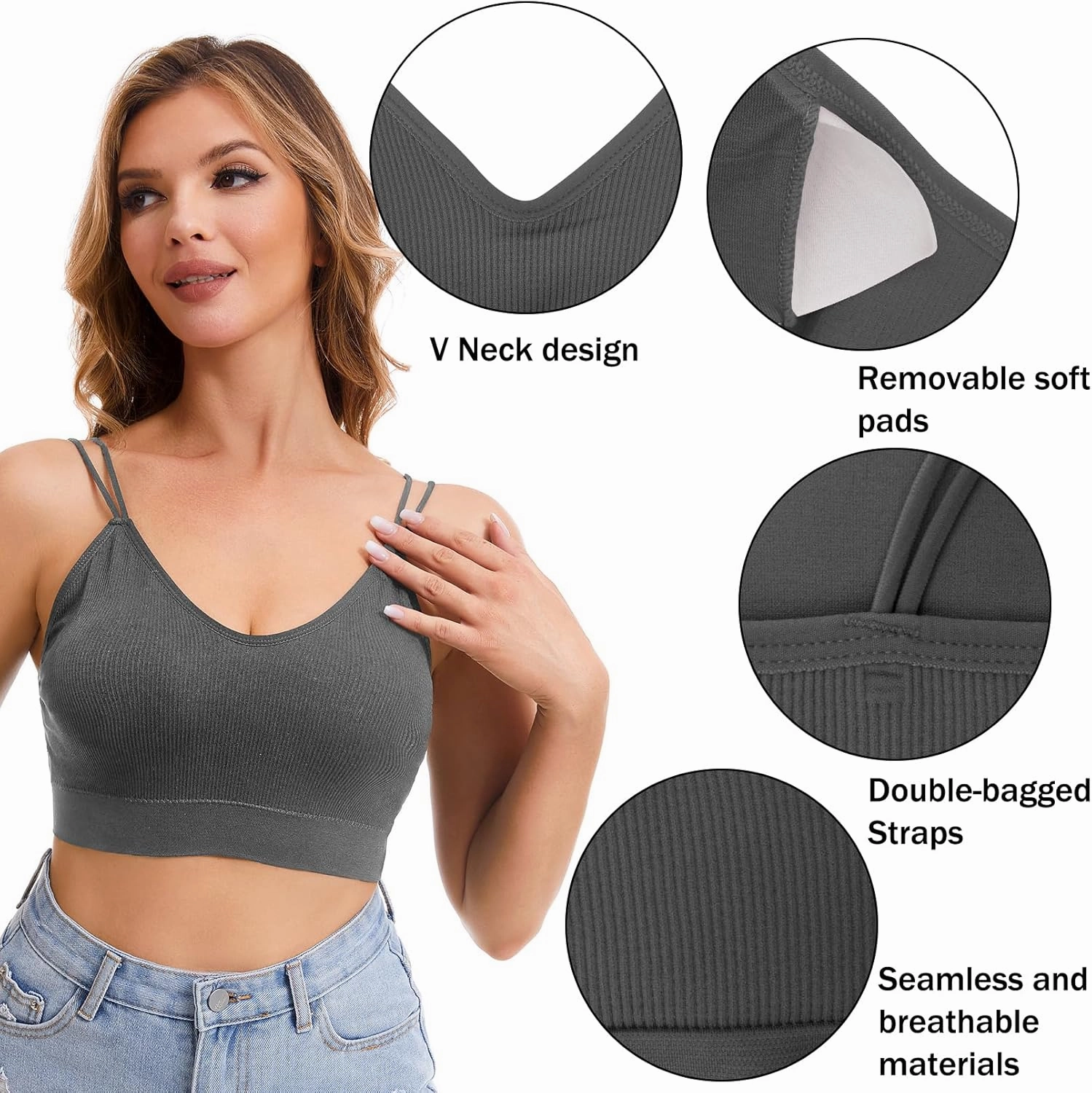 BQTQ 6 Pcs V Neck Bralettes for Women Padded Bralette with Straps Seamless Bra