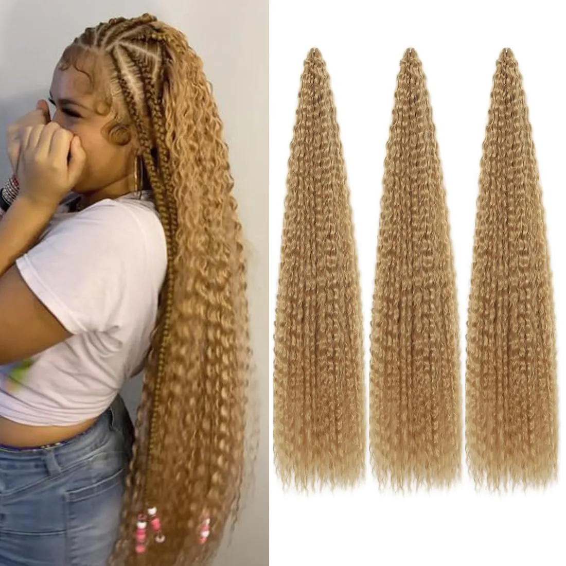 Brazilian Curly Braids Crochet Twist Hair 30inches 3Packs Afro Kinky Curly Braiding Hair Extensions Deep Curly Crochet Hair Synthetic Water Wave Braid Hair(30Inch,27#)