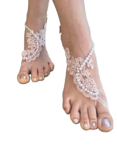 Brides and Bridesmaids Beach Sandals with Lace and Crystals, Toeless Design, for Special Occasions with Ivory Pink and Black color alternatives (6,5 US, Black)
