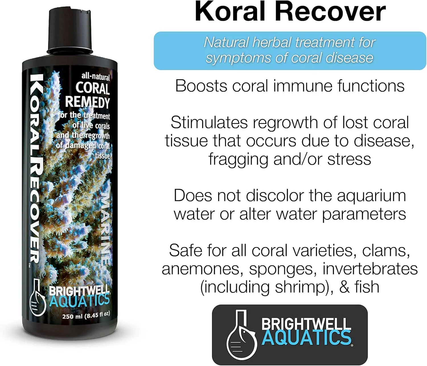 Brightwell Aquatics Koral Recover - Coral Remedy for Treatment of Live Corals & Regrowth of Damaged Coral Tissue, 500ml, 500-ML (KRC500)