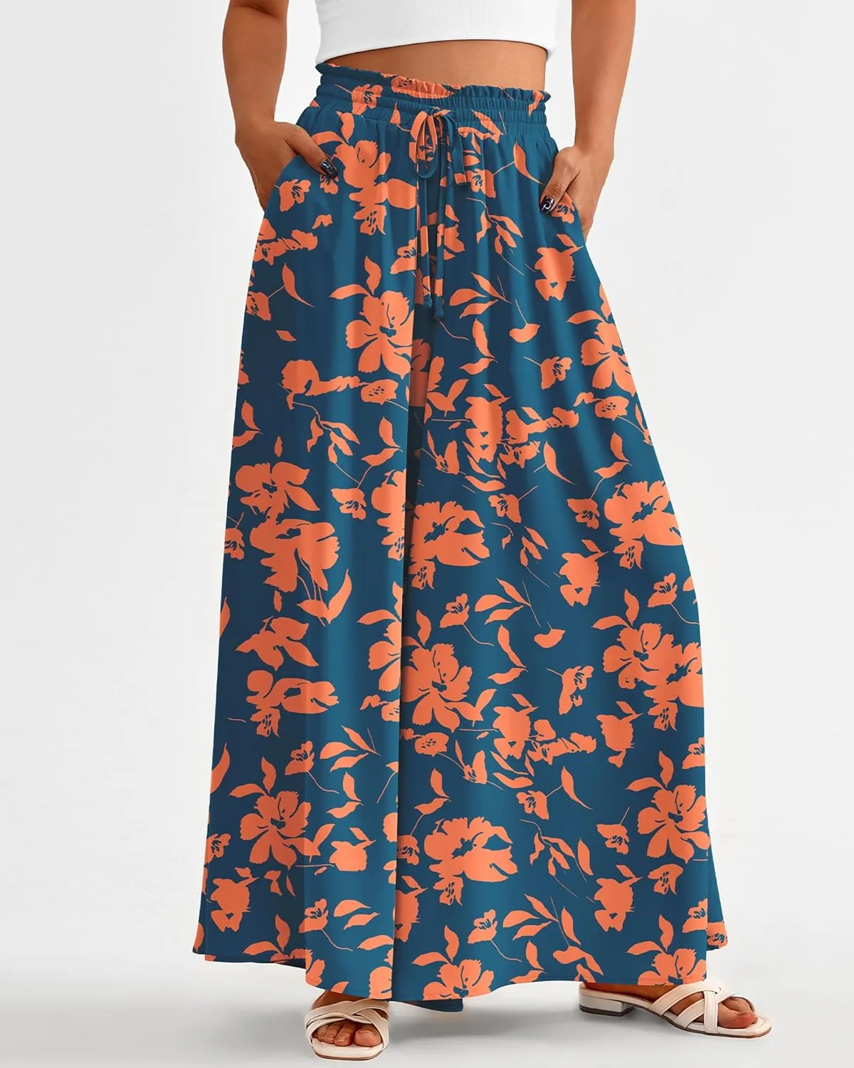 BTFBM Women Casual High Waist Wide Leg Pants Summer Floral Solid Long Palazzo Pants Lounge Beach Trousers with Pocket