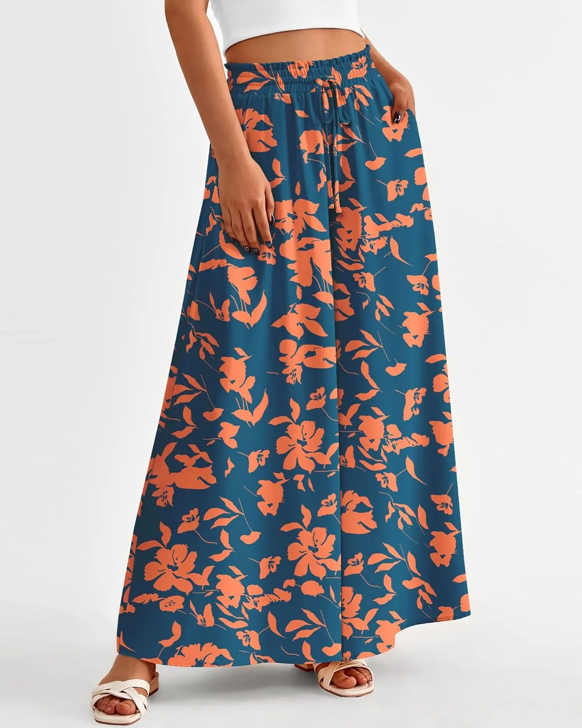 BTFBM Women Casual High Waist Wide Leg Pants Summer Floral Solid Long Palazzo Pants Lounge Beach Trousers with Pocket