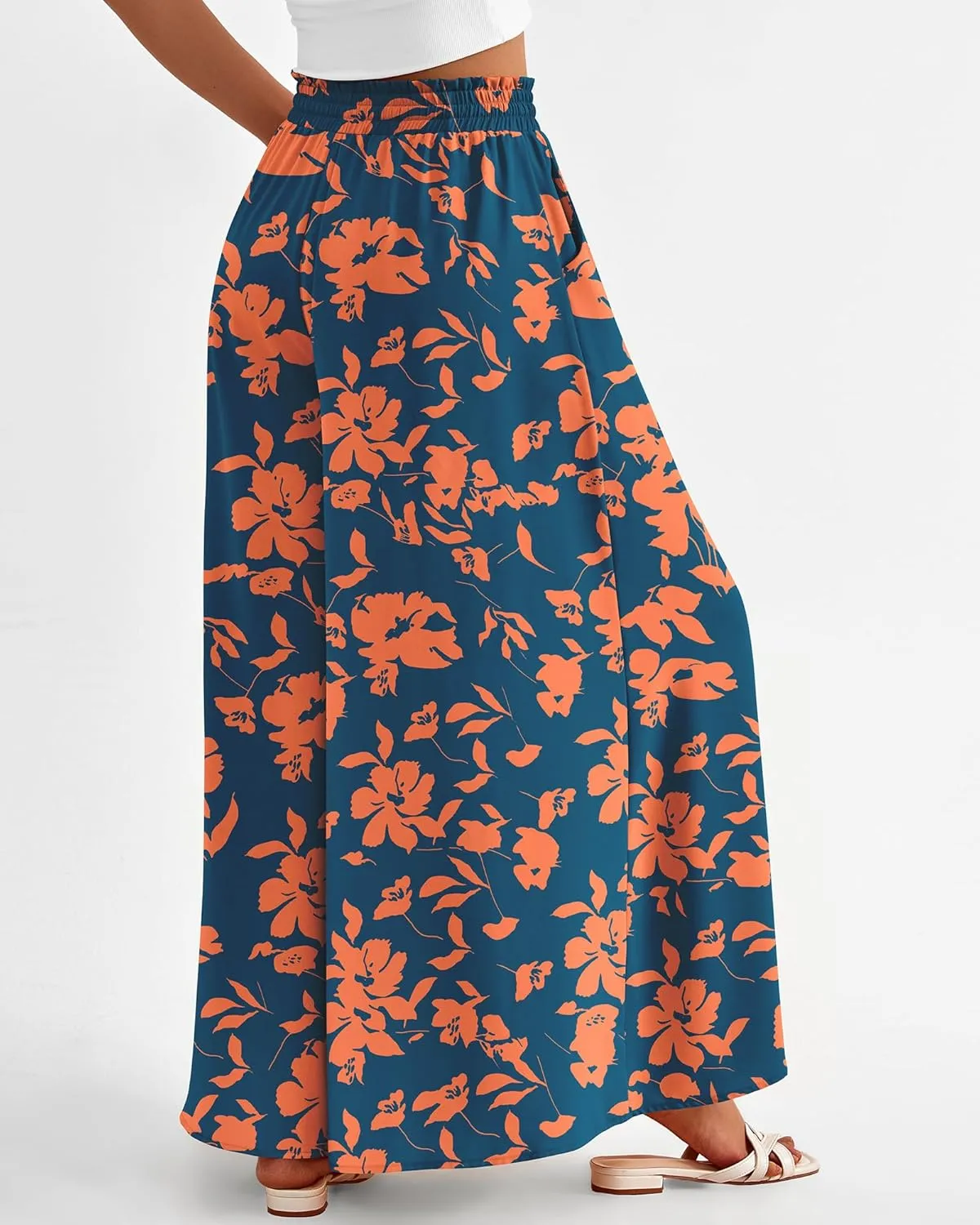 BTFBM Women Casual High Waist Wide Leg Pants Summer Floral Solid Long Palazzo Pants Lounge Beach Trousers with Pocket