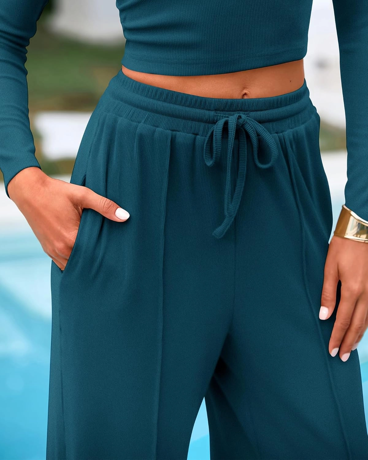BTFBM Casual 2 Piece Sets For Women Spring Outfits 2025 Long Sleeve Crop Top Wide Leg Pants Summer Matching Lounge Set