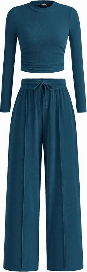 BTFBM Casual 2 Piece Sets For Women Spring Outfits 2025 Long Sleeve Crop Top Wide Leg Pants Summer Matching Lounge Set