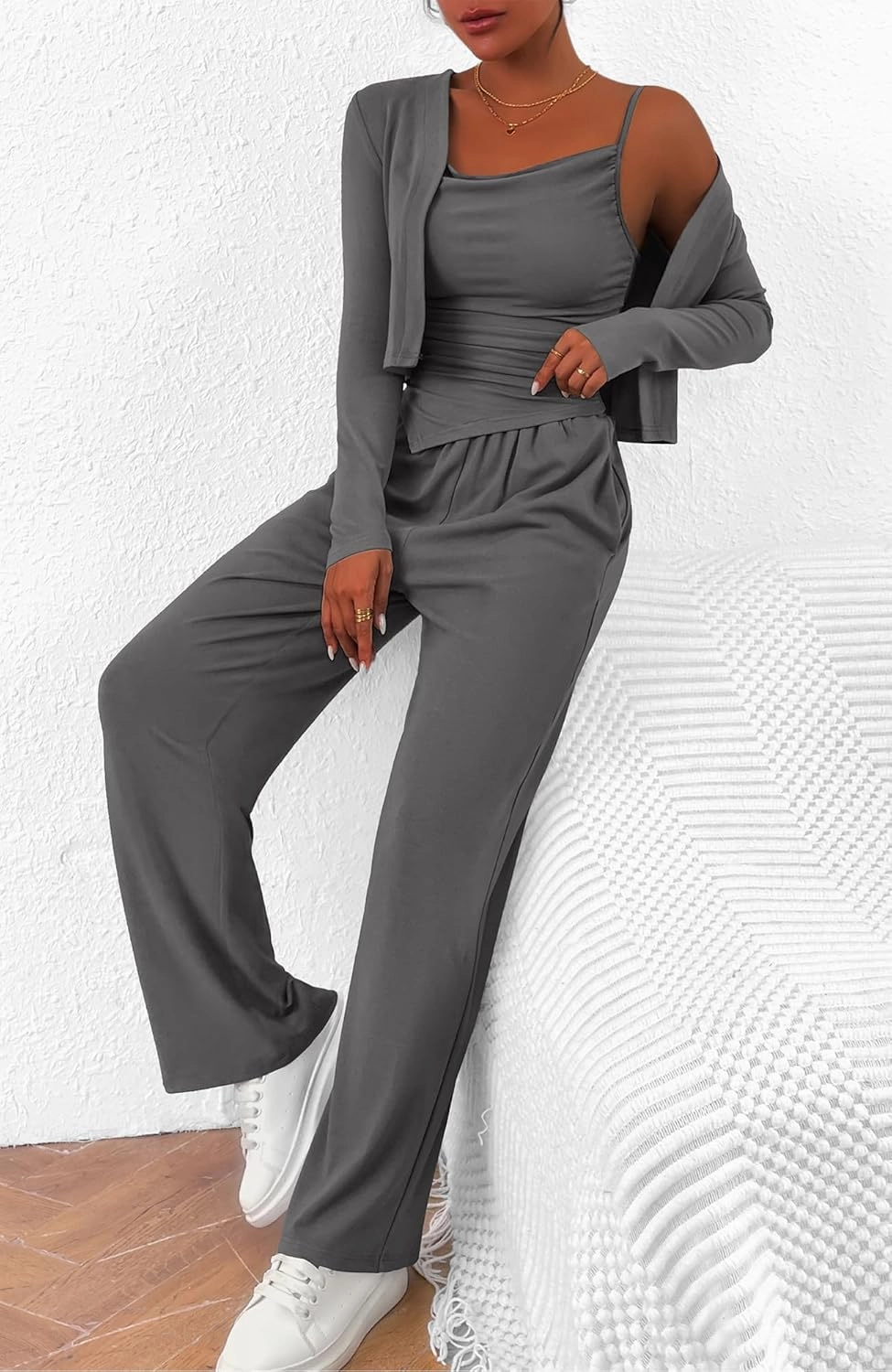 BTFBM Women's Fall Lounge Sets 3 Piece Outfit Tracksuits Casual Long Sleeve Tops High Waisted Sweatpants Set