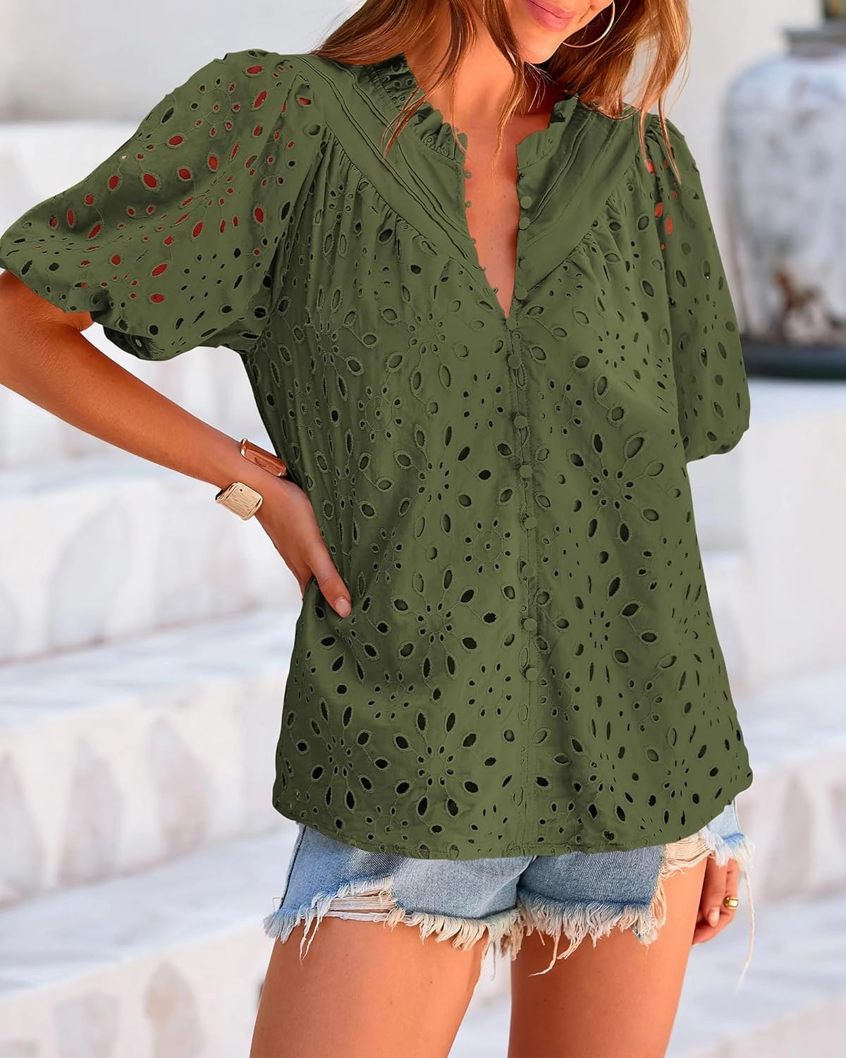 BTFBM Womens Casual Summer Blouse 2025 Hollow Out Eyelet Embroidery Tops V Neck Buttons Puff Short Sleeve Boho Shirts