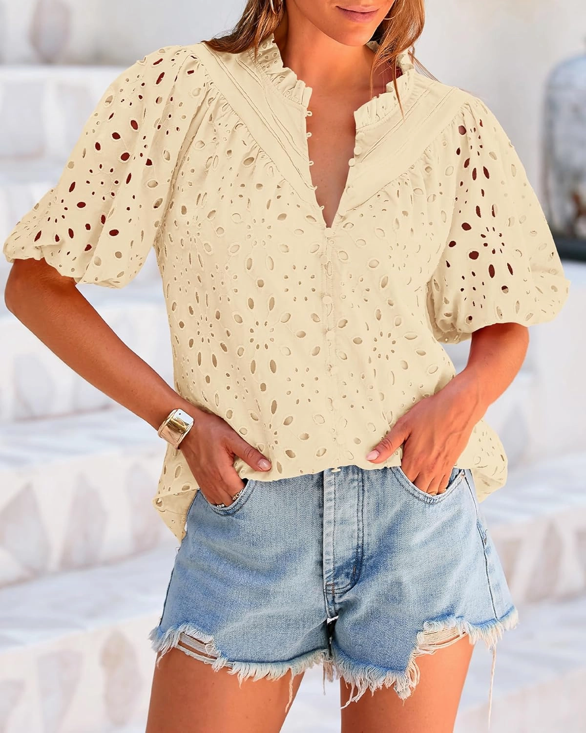 BTFBM Womens Casual Summer Blouse 2025 Hollow Out Eyelet Embroidery Tops V Neck Buttons Puff Short Sleeve Boho Shirts