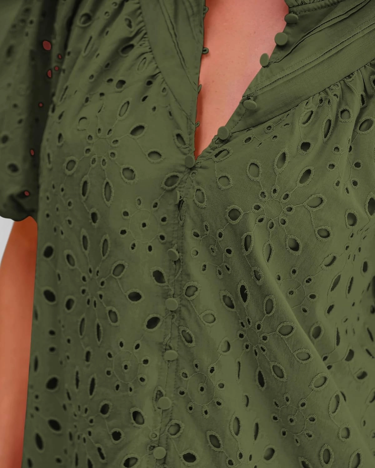 BTFBM Womens Casual Summer Blouse 2025 Hollow Out Eyelet Embroidery Tops V Neck Buttons Puff Short Sleeve Boho Shirts