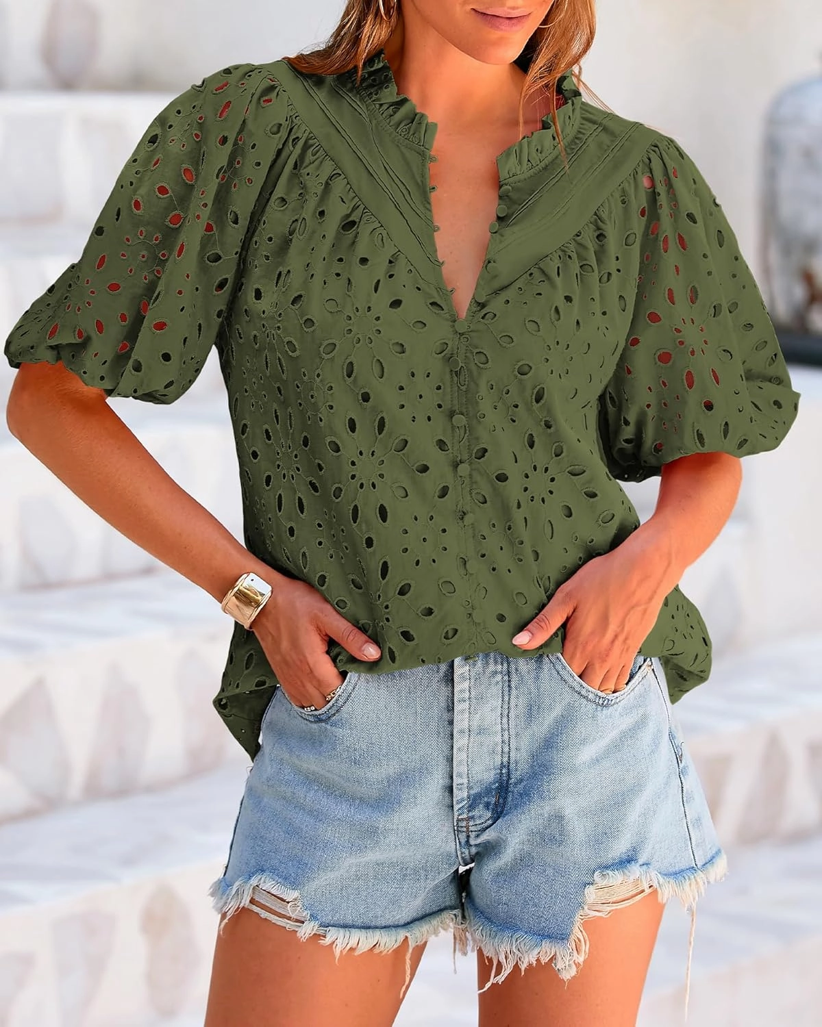 BTFBM Womens Casual Summer Blouse 2025 Hollow Out Eyelet Embroidery Tops V Neck Buttons Puff Short Sleeve Boho Shirts